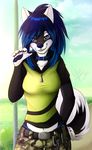  2014 anthro blue_hair breasts canine clothed clothing collar dog female hair hoodie husky looking_at_viewer mammal navel outside smile solo standing wolflady 