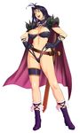  breasts cape circlet earrings gloves hands_on_hips highres jewelry large_breasts long_hair naga_the_serpent purple_hair revealing_clothes shoulder_spikes simple_background slayers solo spikes sword takasugi_kou thong weapon white_background 
