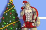  2018 abs absurd_res anthro arawn bag biceps bulge canine christmas christmas_tree claws clothed clothing digital_media_(artwork) fur hair hat hi_res holidays holly_(plant) howlfeiwolf inside long_hair looking_at_viewer male mammal muscular muscular_male navel nipples pawpads pecs plant ponytail pubes santa_hat smile solo standing tattoo teeth tree underwear winter wolf yellow_eyes 