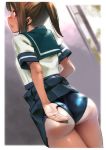  1girl adjusting_clothes adjusting_swimsuit ass blue_sailor_collar blue_skirt blue_swimsuit blush breasts brown_eyes brown_hair cowboy_shot dutch_angle eyebrows_visible_through_hair hair_ornament i-401_(kantai_collection) kantai_collection lifted_by_self one-piece_swimsuit one-piece_tan open_mouth pleated_skirt ponytail sailor_collar school_swimsuit school_uniform serafuku shiden_(sashimi_no_wife) short_hair skirt skirt_lift small_breasts solo swimsuit swimsuit_under_clothes tan tanline 