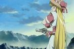  animated animated_gif blonde_hair dress firing grenadier gun handgun hat long_hair revolver smoke solo tendou_rushuna weapon 