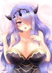  :o armor bare_shoulders bed_sheet black_armor blush breasts camilla_(fire_emblem_if) cleavage collarbone fire_emblem fire_emblem_if grabbing hair_over_one_eye hairband heart heart-shaped_pupils horns kane-neko large_breasts long_hair looking_at_viewer lying on_back pink_lips purple_eyes purple_hair solo strapless symbol-shaped_pupils upper_body 