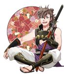  armor brown_hair fire_emblem fire_emblem_if hinata_(fire_emblem_if) japanese_armor katana male_focus minato_(robin) open_mouth ponytail scar simple_background sitting solo sword weapon white_background 