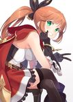  bare_shoulders black_gloves black_legwear blush bracelet brown_hair cape clarisse_(granblue_fantasy) commentary_request crossed_legs gloves granblue_fantasy green_eyes grin hair_ribbon hyuuga_azuri jewelry long_hair looking_at_viewer ponytail ribbon sitting skirt smile solo thighhighs v 