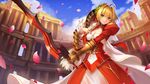  blonde_hair dress epaulettes fate/extra fate/grand_order fate_(series) green_eyes highres long_hair nero_claudius_(fate) nero_claudius_(fate)_(all) petals red_dress smile solo sword weapon yuki_(clydtc) 