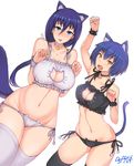  2girls animal_ears artist_name bell blue_eyes blue_hair breasts cat_cutout cat_ear_panties cat_ears cat_lingerie cat_tail cleavage cleavage_cutout collar dated def_(chronowarld) fang jingle_bell large_breasts long_hair matching_outfit meme_attire multiple_girls navel original panties paw_pose purple_hair short_hair side-tie_panties signature tail thighhighs underwear underwear_only yellow_eyes 