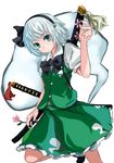  black_hairband bow bowtie green_skirt hairband konpaku_youmu konpaku_youmu_(ghost) saitou_(uzizane) short_hair skirt skirt_set solo sword touhou weapon white_background 