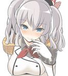  bad_id bad_nicoseiga_id beret blue_eyes blush breast_rest breasts buttons commentary_request epaulettes finger_to_mouth frilled_sleeves frills gloves hat jacket kantai_collection kashima_(kantai_collection) kerchief large_breasts long_hair looking_at_viewer masupa_kiriu military military_uniform sidelocks silver_hair simple_background smile solo tsurime twintails uniform upper_body wavy_hair white_background white_gloves 