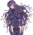  beatrix_bremer bodysuit breasts commentary_request covered_navel curly_hair large_breasts long_hair muvluv pilot_suit purple_hair raised_eyebrow red_eyes schwarzesmarken simple_background solo takasugi_kou thigh_gap very_long_hair white_background 