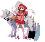  axe basket battle_axe blonde_hair blue_eyes braid breasts chain cleavage cleavage_cutout clover collar fangs four-leaf_clover full_body glasses highres hood large_breasts leash little_red_riding_hood little_red_riding_hood_(grimm) looking_at_viewer masao original scar scar_across_eye shirt short_sleeves single_braid skirt solo weapon wolf 