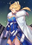  1girl absurdres ahoge artoria_pendragon_(all) artoria_pendragon_(lancer) braid breasts cape circlet cleavage closed_mouth commentary_request contrapposto crown eyebrows_visible_through_hair fate/grand_order fate_(series) fur_trim gauntlets gorget hair_between_eyes highres large_breasts long_hair long_sleeves medium_breasts profile sidelocks sky solo standing star_(sky) starry_sky wind yorukun 