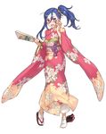  blonde_hair blush facial_mark floral_print full_body highres himeou_to_saigo_no_kishidan holding japanese_clothes kimono long_hair long_sleeves official_art open_mouth purple_eyes robin_(himeou_to_saigo_no_kishidan) sandals sandals_removed shoe-ji side_ponytail simple_background solo tabi white_background wide_sleeves 