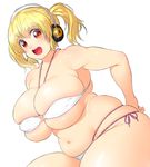  :d bikini blonde_hair blush breasts cleavage curvy fat headphones huge_breasts looking_at_viewer navel nitroplus onsoku_maru open_mouth orange_eyes plump round_teeth short_hair skindentation smile solo super_pochaco swimsuit teeth twintails white_bikini 