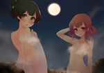  :o absurdres bangs blush breasts collarbone convenient_censoring covering eyebrows eyebrows_visible_through_hair folded_ponytail full_moon green_eyes green_hair hair_rings highres kaito_hikaruto kotonoha_akane looking_at_viewer looking_back moon multicolored_hair multiple_girls night night_sky nude nude_cover onsen orange_hair outdoors red_eyes red_hair rock short_hair sideboob sidelocks sky small_breasts smile star_(sky) starry_sky steam steam_censor sweatdrop tareme touhoku_zunko two-tone_hair vocaloid voiceroid water water_drop wet 