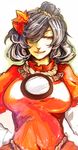  autumn_leaves bangs breasts hair_over_one_eye hairband half-closed_eye hand_on_hip ibitsu large_breasts layered_clothing lips long_sleeves looking_at_viewer mirror puffy_short_sleeves puffy_sleeves purple_hair red_eyes red_shirt rope rope_necklace shiny shiny_clothes shiny_hair shirt short_over_long_sleeves short_sleeves sketch smile solo touhou upper_body white_shirt yasaka_kanako 