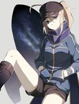  ahoge akami_fumio armlet artoria_pendragon_(all) blonde_hair blue_eyes blue_jacket boots brown_footwear brown_shorts cross-laced_footwear expressionless fate_(series) grey_background hair_between_eyes hands_in_pockets head_tilt highres jacket knee_boots long_sleeves looking_at_viewer mysterious_heroine_x night night_sky pink_pupils ponytail purple_scarf rojiura_satsuki:_chapter_heroine_sanctuary scarf shoelaces short_hair shorts simple_background sky solo star_(sky) starry_sky track_jacket 
