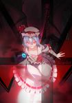  bad_id bad_pixiv_id baicha barefoot bat_wings blue_hair breasts character_name collarbone downblouse dress evil_smile glowing glowing_eyes hat hat_ribbon highres looking_at_viewer mob_cap no_bra open_clothes open_dress pink_dress puffy_short_sleeves puffy_sleeves red_eyes remilia_scarlet ribbon short_sleeves small_breasts smile solo touhou wings 