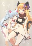  ;d alternate_costume animal_ears arm_around_shoulder ass_visible_through_thighs bangs bare_legs bell between_legs black_panties blonde_hair blue_eyes blue_hair blush bow bowtie breast_grab breast_press breasts cat_cutout cat_ear_panties cat_ears cat_lingerie cat_tail cheek_press cleavage cleavage_cutout deep_skin eyebrows eyebrows_visible_through_hair fang flat_chest frills grabbing groin hair_bow heart jingle_bell large_breasts leaning_forward legs_apart long_hair looking_at_another looking_at_viewer maguro_(guromaguro) meme_attire multiple_girls navel one_eye_closed open_mouth panties panty_pull paw_print ponytail purple_bow purple_eyes red_bow red_neckwear rwby scar scar_across_eye scarf side-tie_panties silver_hair smile standing stomach striped striped_background tail tail_bell tail_bow tears underwear underwear_only vertical-striped_background vertical_stripes weiss_schnee white_panties yang_xiao_long 