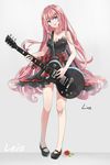  black_dress blue_eyes dress guitar highres instrument leia_(vocaloid) linch long_hair megurine_luka music open_mouth pink_hair playing_instrument project_diva_(series) sash short_dress solo song_name strapless strapless_dress striped vocaloid 