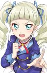  absurdres aikatsu! aikatsu!_(series) angry bangs blunt_bangs blush drill_hair fang hair_ribbon highres open_mouth pointing pointing_at_viewer ribbon school_uniform sekina simple_background solo starlight_academy_uniform toudou_yurika twintails white_background white_hair 