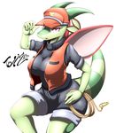  2016 absurd_res anthro anthrofied big_breasts breasts clothing dragon english_text female flygon green_scales hand_on_hip hat hi_res jacket looking_at_viewer nintendo open_mouth pok&eacute;mon pok&eacute;morph purple_eyes red_scales rope scales scalie shorts signature simple_background solo tailzkim text tongue video_games white_background wings 