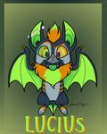  2013 ambiguous_gender bat black_fur claws cute ear_piercing english_text featureless_crotch feral fur green_background green_eyes green_fur green_hair green_tongue grey_fur hair looking_at_viewer lucius mammal orange_eyes orange_fur orange_hair piercing signature simple_background smile text tongue tongue_out touchofsnow wings 