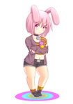  anais_watterson animal_humanoid animetron_(artist) anthro blush choker clothing cub daisy_(disambiguation) daughter digital_media_(artwork) footwear fur hair half-shirt humanoid lagomorph legwear looking_at_viewer mammal navel pink_fur plushie rabbit shoes shorts sibling simple_background sister socks solo standing striped_legwear striped_socks stripes the_amazing_world_of_gumball white_background young 