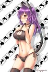  :o ahoge animal_ears artist_name bell black_bra black_legwear black_panties black_ribbon blush bra breasts brown_eyes cat_cutout cat_ear_panties cat_ears cat_lingerie cat_tail choker cleavage cleavage_cutout collarbone covered_nipples fake_animal_ears fangs hagikaze_(kantai_collection) hands_on_own_chest highres hips jingle_bell kantai_collection kemonomimi_mode kouno_(uiyoyo199) long_hair medium_breasts meme_attire midriff navel open_mouth panties purple_hair ribbon side-tie_panties simple_background solo standing stomach tail teardrop tears teeth thighhighs toned underwear 