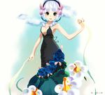  2016 black_eyes blue_flower braid dress eir florges flower gen_6_pokemon hair_ornament hairband jewelry looking_at_viewer open_mouth personification pokemon ring solo standing strapless strapless_dress white_hair 