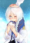 admiral_(kantai_collection) blue_eyes blush braid eating hand_on_another's_head highres jacket kantai_collection long_hair obiwan one_eye_closed petting scarf silver_hair single_braid solo_focus umikaze_(kantai_collection) 