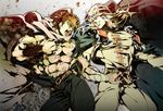  armband bad_id bad_pixiv_id belt blood blood_splatter blue_cape blue_eyes brown_hair cape clenched_teeth feathers fighting hokuto_no_ken kenshirou long_hair male_focus manly misaka_(missa) multiple_boys muscle open_mouth red_eyes scar shin_(hokuto_no_ken) shoulder_pads smile teeth torn_clothes 