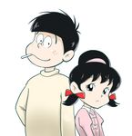  1girl black_hair brother_and_sister child cigarette freckles hair_ribbon hairband hand_on_hip height_difference messy_hair osomatsu-kun ribbon rocomasu siblings simple_background smile totoko's_brother turtleneck upper_body white_background yowai_totoko 