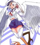  breasts commentary_request feathered_wings feathers harpy highres kawasumi_(tk2k_jade) long_hair looking_at_viewer medium_breasts midriff monster_girl neckerchief open_mouth original pleated_skirt pointy_ears school_uniform serafuku side_ponytail skirt smile solo talons white_hair wings yellow_eyes 