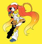  blue_eyes blue_footwear blue_gloves gen_4_pokemon gloves gradient_hair hat highres infernape long_hair looking_at_viewer momosiro multicolored_hair open_mouth personification pokemon red_hair shoes solo standing tail twintails very_long_hair yellow_background 