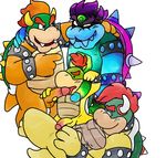  age_different anal anal_penetration bowser bowser_jr. bowserboy101 cuffs_(disambiguation) father father_and_son fellatio group group_sex hair handjob koopa leash male male/male mario_bros nintendo oral parent penetration penis red_hair scalie sex simple_background size_different slightly_chubby son tongue video_games white_background young 