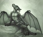  abs anthro balls claws digitigrade dragon horn klongi looking_at_viewer male monochrome muscular nude pecs reptile scalie simple_background solo teeth wings 