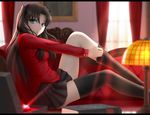  black_hair black_legwear blue_eyes book couch curtains fate/stay_night fate_(series) gem hair_ribbon lamp long_hair long_sleeves looking_at_viewer ribbon shirt siraha sitting skindentation skirt solo thighhighs thighhighs_pull thighs toosaka_rin two_side_up window 