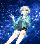 anastasia_(idolmaster) belt blue_eyes constellation earrings highres idolmaster idolmaster_cinderella_girls jacket jewelry looking_up milky_way night night_sky official_style open_mouth popon_ta short_hair shorts silver_hair sky smile solo star_(sky) starry_sky 