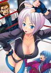  2girls :p ahoge angel_(kof) blue_eyes blue_hair breasts brown_hair cleavage closed_eyes collarbone commentary_request facial_hair fingerless_gloves gloves kula_diamond large_breasts leaning_forward long_hair lying maxima multiple_girls on_back open_mouth short_hair silver_hair sweat takejun the_king_of_fighters tongue tongue_out 