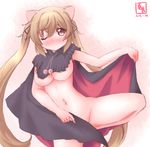  ;) animal_ears black_cape blush breasts brown_eyes cape cat_ears cat_tail covering covering_crotch dated hair_ornament hair_ribbon highres kanon_(kurogane_knights) kantai_collection kemonomimi_mode large_breasts leg_up light_brown_hair long_hair looking_at_viewer multicolored multicolored_cape multicolored_clothes murasame_(kantai_collection) naked_cape navel nude one_eye_closed red_cape ribbon smile solo standing standing_on_one_leg tail twintails very_long_hair 