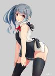  adapted_costume adjusting_clothes adjusting_legwear apron arched_back bare_shoulders black_legwear blouse brown_eyes from_side gradient_hair grey_background hair_ornament hair_ribbon highres kantai_collection kasumi_(kantai_collection) long_hair looking_at_viewer multicolored_hair no_pants open_mouth panties ponytail remodel_(kantai_collection) ribbon side_ponytail signature silver_hair simple_background sleeveless solo tebi_(tbd11) thighhighs underwear white_blouse 