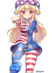  american_flag_dress american_flag_legwear arm_behind_back ass_visible_through_thighs bad_id bad_twitter_id blonde_hair blush clownpiece feet frilled_shirt_collar frills from_below hat highres jester_cap leg_up long_hair looking_at_viewer neck_ruff no_shoes pantyhose papo parted_lips polka_dot red_eyes short_sleeves simple_background solo standing standing_on_one_leg striped striped_legwear touhou white_background 