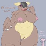  ambiguous_gender anthro areola audino belly big_breasts breasts brown_skin butt claws dialogue duo english_text erect_nipples eyelashes eyes_closed eyeshadow female hi_res kangaroo kangaskhan lipstick looking_at_viewer makeup mammal marsupial mature_female mother nintendo nipples nude open_mouth overweight parent pok&eacute;mon posexe presenting pussy red_eyes simple_background slightly_chubby smile solo_focus standing teeth text thick_thighs tongue video_games wide_hips 