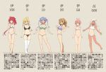  6+girls ahoge black_bra blonde_hair blue_bra blue_eyes bra breasts brown_eyes brown_hair bust_chart cassandra_(seishun_katsu_sando) character_name collarbone from_side full_body green_bra grey_background highres i-168_(kantai_collection) i-19_(kantai_collection) i-26_(kantai_collection) i-58_(kantai_collection) i-8_(kantai_collection) kantai_collection kneehighs large_breasts long_hair looking_at_viewer medium_breasts multiple_girls navel pink_bra pink_eyes purple_hair ro-500_(kantai_collection) short_hair simple_background small_breasts standing tan tanline translation_request tri_tails twintails underwear very_long_hair white_bra white_legwear 