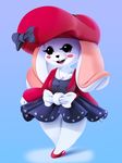  anthro black_eyes black_nose blue_background blush bow breasts clothing dress eyelashes female fur hat lagomorph mammal open_mouth plantpenetrator rabbit rosianna_rabbit simple_background smile solo white_fur 