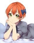  bed_sheet blue_bow blush bow chin_rest green_eyes hair_bow hands_together highres hoshizora_rin looking_at_viewer love_live! love_live!_school_idol_project lying md5_mismatch on_stomach orange_hair sekina short_hair short_sleeves simple_background solo white_background 