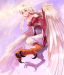  ahoge commentary_request feathered_wings feathers harpy highres japanese_clothes kawasumi_(tk2k_jade) kimono long_hair monster_girl open_mouth original pointy_ears purple_eyes solo talons white_hair wings 