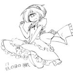  bangs blunt_bangs blush bow cyclops dress dress_tug frilled_dress frills frown greyscale hairband monochrome one-eyed open_mouth original puffy_short_sleeves puffy_sleeves shawl shima_(sh1mamu) short_sleeves simple_background sketch solo tears white_background 