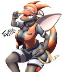  2016 absurd_res alternate_color anthro anthrofied big_breasts black_scales breasts clothing dragon english_text female flygon hand_on_hip hat hi_res jacket looking_at_viewer nintendo open_mouth pok&eacute;mon pok&eacute;morph purple_eyes red_scales rope scales scalie shorts signature simple_background solo tailzkim text tongue video_games white_background wings 