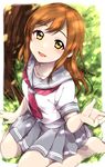  barefoot blush brown_eyes brown_hair dappled_sunlight day from_above grass grey_skirt highres kunikida_hanamaru long_hair looking_at_viewer love_live! love_live!_sunshine!! md5_mismatch pleated_skirt school_uniform sekina serafuku shirt short_sleeves sitting skirt smile solo sunlight uranohoshi_school_uniform wariza white_shirt 